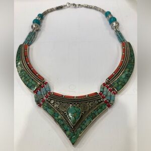 Handmade Unique VintageNepali Coral & Turquoise Necklace Tribal Multicolor
